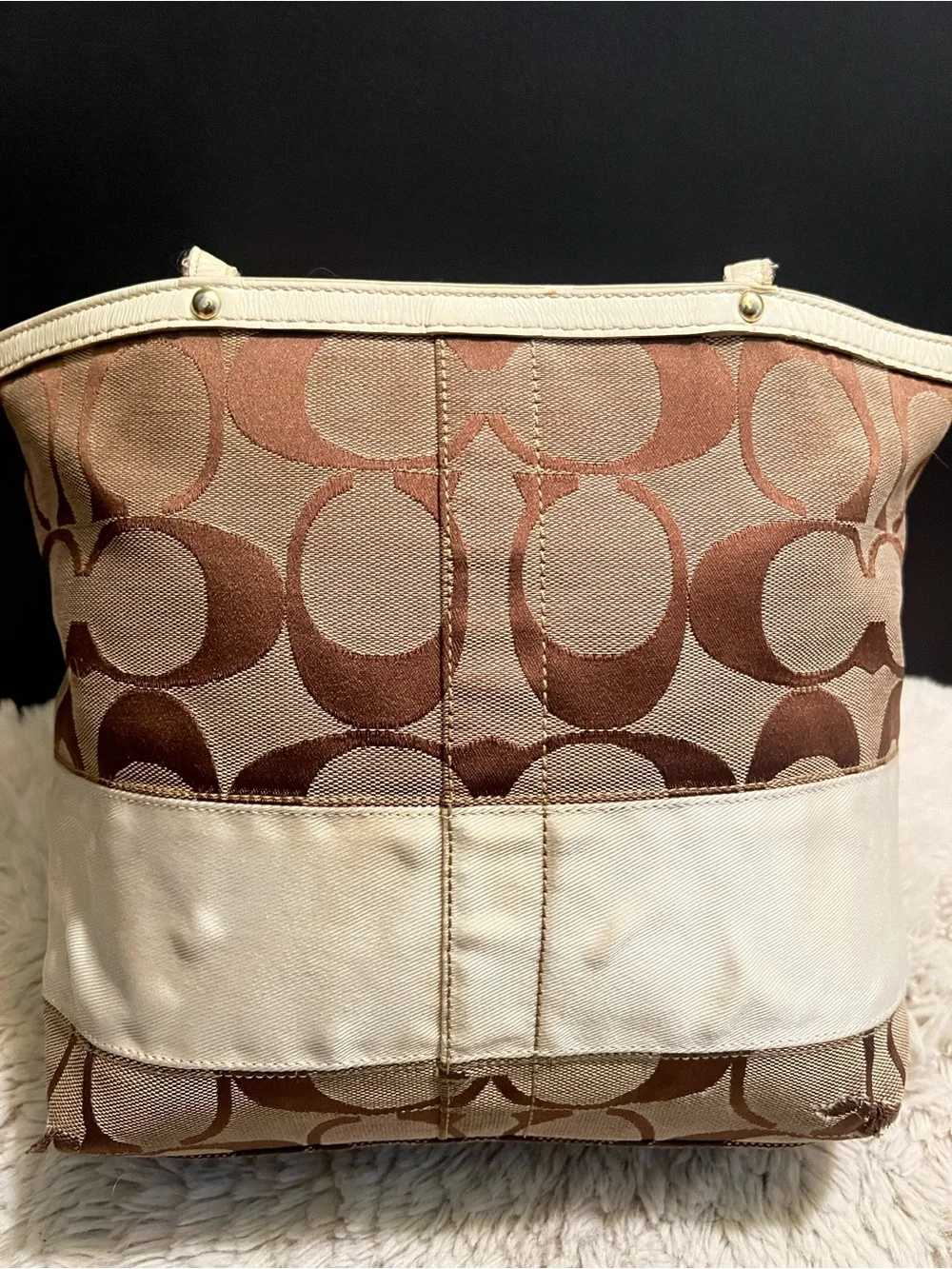 Vintage Coach y2k Two-Tone Signature Stripe Canvas Tote in Brown and Cream